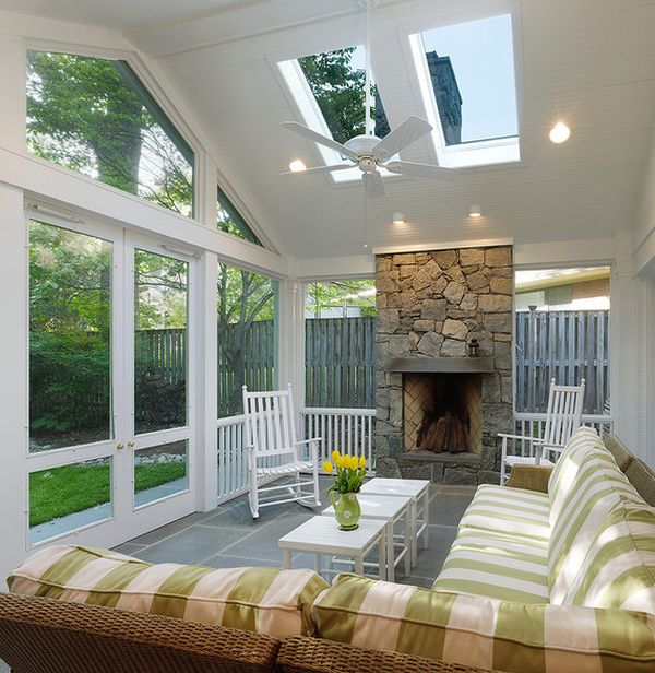 Sunroom with fireplace