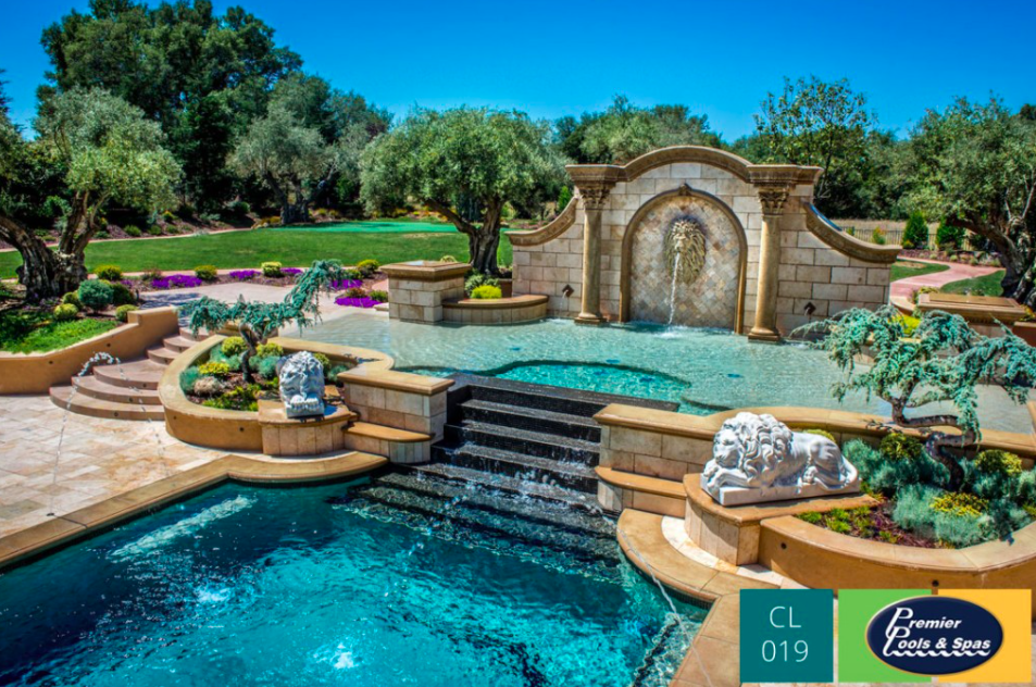 Swimming pool with stairs and sculptures